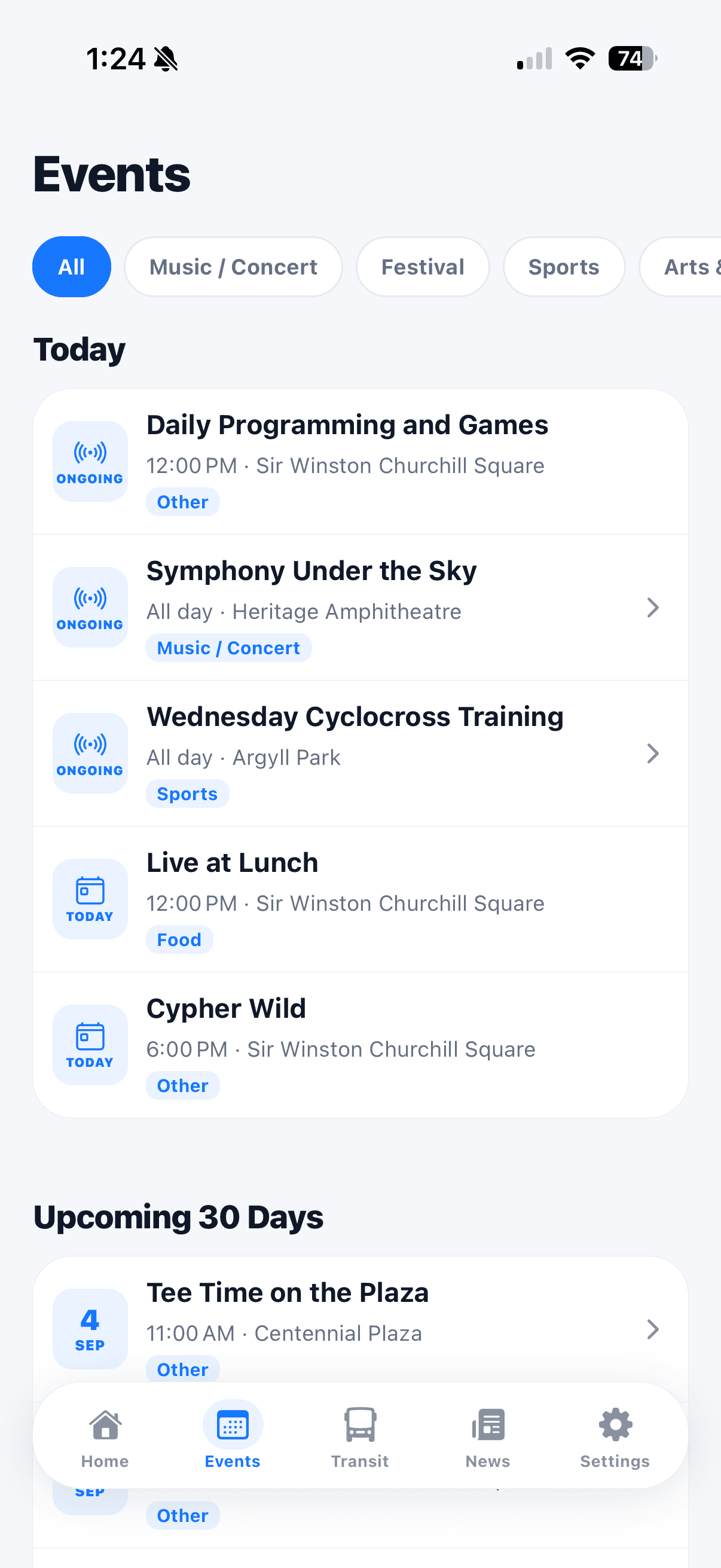 YEG Today events screen showing Edmonton events
