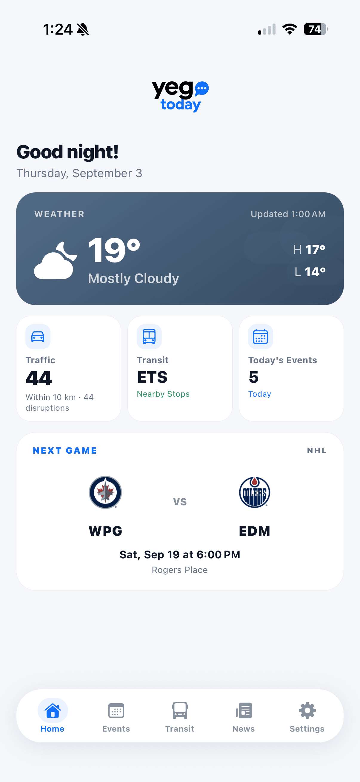 YEG Today home screen showing Edmonton weather and local information