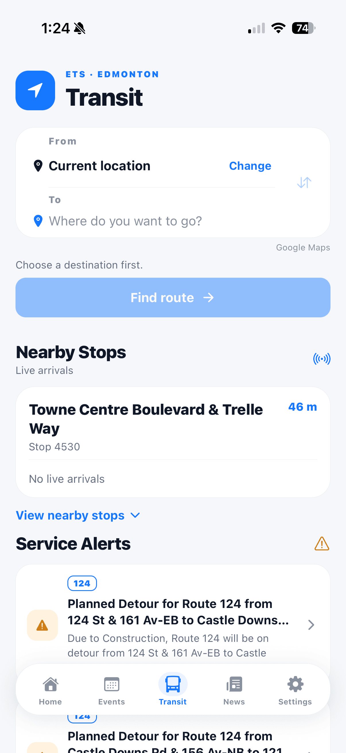 YEG Today transit screen with nearby ETS stops and arrivals